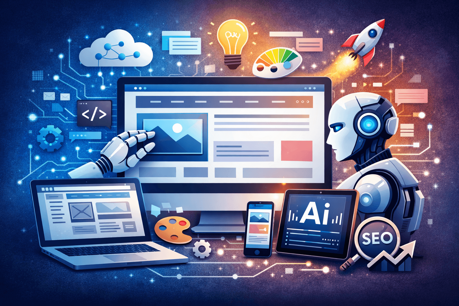 AI website builder interface showing drag-and-drop elements and AI suggestions